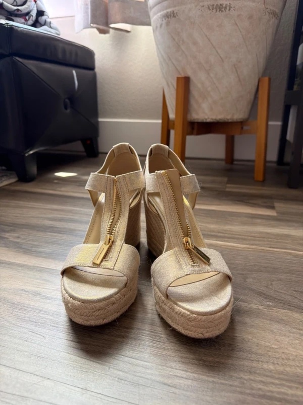 Michael Kors Metallic Gold Espadrille Platform Wedge Sandals with Front Zip